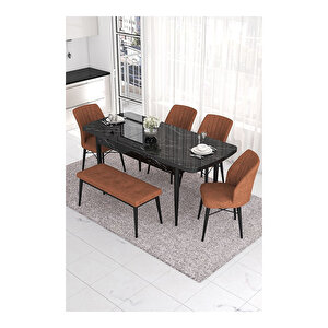 Eva Serisi, 80x132 Açılabilir Mdf Siyah Mermer Desen Masa Mutfak Masası Ve 4 Sandalye 1 Bench Kiremit