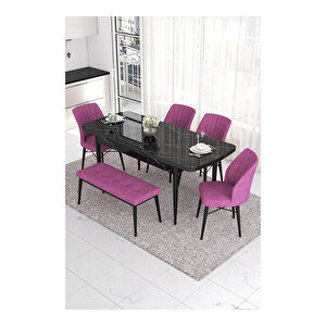 Eva Serisi, 80x132 Açılabilir Mdf Siyah Mermer Desen Masa Mutfak Masası Ve 4 Sandalye 1 Bench Mor