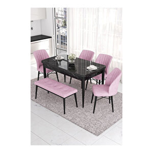 Eva Serisi, 80x132 Açılabilir Mdf Siyah Mermer Desen Masa Mutfak Masası Ve 4 Sandalye 1 Bench Pembe