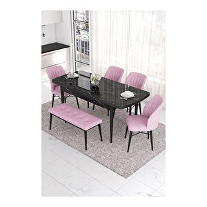 Eva Serisi, 80x132 Açılabilir Mdf Siyah Mermer Desen Masa Mutfak Masası Ve 4 Sandalye 1 Bench Pembe