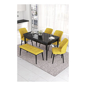 Eva Serisi, 80x132 Açılabilir Mdf Siyah Mermer Desen Masa Mutfak Masası Ve 4 Sandalye 1 Bench Hardal
