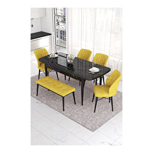 Eva Serisi, 80x132 Açılabilir Mdf Siyah Mermer Desen Masa Mutfak Masası Ve 4 Sandalye 1 Bench Hardal