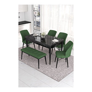 Eva Serisi, 80x132 Açılabilir Mdf Siyah Mermer Desen Masa Mutfak Masası Ve 4 Sandalye 1 Bench Su Yeşili