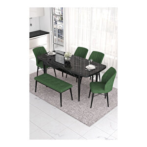 Eva Serisi, 80x132 Açılabilir Mdf Siyah Mermer Desen Masa Mutfak Masası Ve 4 Sandalye 1 Bench Su Yeşili