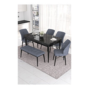 Eva Serisi, 80x132 Açılabilir Mdf Siyah Mermer Desen Masa Mutfak Masası Ve 4 Sandalye 1 Bench Füme