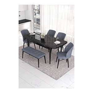 Eva Serisi, 80x132 Açılabilir Mdf Siyah Mermer Desen Masa Mutfak Masası Ve 4 Sandalye 1 Bench Füme