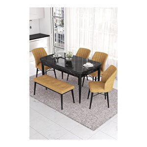 Eva Serisi, 80x132 Açılabilir Mdf Siyah Mermer Desen Masa Mutfak Masası Ve 4 Sandalye 1 Bench Cappucino