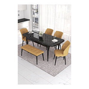 Eva Serisi, 80x132 Açılabilir Mdf Siyah Mermer Desen Masa Mutfak Masası Ve 4 Sandalye 1 Bench Cappucino