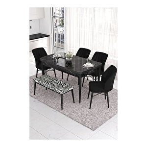 Eva Serisi, 80x132 Açılabilir Mdf Siyah Mermer Desen Masa Mutfak Masası Ve 4 Sandalye 1 Zebra Desen Bench