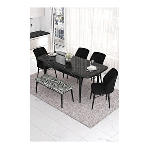 Eva Serisi, 80x132 Açılabilir Mdf Siyah Mermer Desen Masa Mutfak Masası Ve 4 Sandalye 1 Zebra Desen Bench