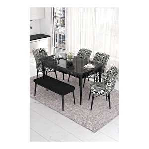Eva Serisi, 80x132 Açılabilir Mdf Siyah Mermer Desen Masa Mutfak Masası Ve 4 Zebra Desen Sandalye 1 Siyah Bench