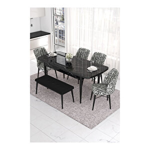 Eva Serisi, 80x132 Açılabilir Mdf Siyah Mermer Desen Masa Mutfak Masası Ve 4 Zebra Desen Sandalye 1 Siyah Bench