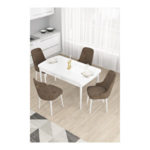 Taç Serisi, Beyaz Mutfak Masa Takımı 80x132 Açılabilir, 4 Sandalye Gold Halkalı Kahverengi