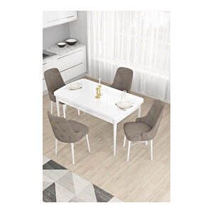 Taç Serisi, Beyaz Mutfak Masa Takımı 80x132 Açılabilir, 4 Sandalye Gold Halkalı Cappucino