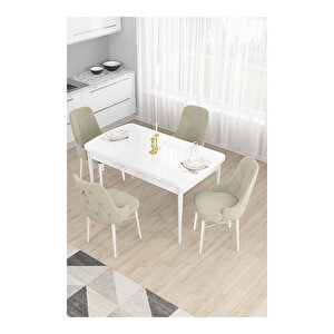 Taç Serisi, Beyaz Mutfak Masa Takımı 80x132 Açılabilir, 4 Sandalye Gold Halkalı Krem
