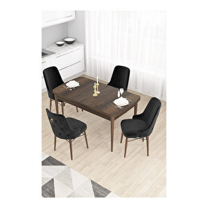 Taç Serisi, 80x132 Açılabilir Barok Ahşap Desen Mutfak Masası Takımı, 4 Sandalye Gold Halkalı Siyah