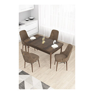 Taç Serisi, 80x132 Açılabilir Barok Ahşap Desen Mutfak Masası Takımı, 4 Sandalye Gold Halkalı Kahverengi