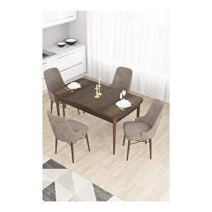 Taç Serisi, 80x132 Açılabilir Barok Ahşap Desen Mutfak Masası Takımı, 4 Sandalye Gold Halkalı Cappucino