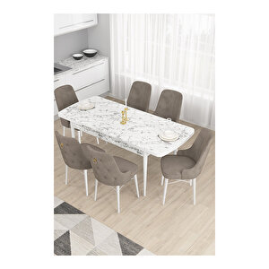 Taç Serisi, 80x132 Açılabilir Beyaz Mermer Desen Masa Takımı, 6 Sandalye Gold Halkalı Cappucino