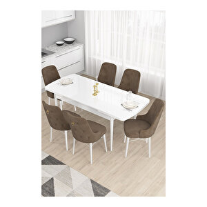 Taç Serisi, Beyaz Mutfak Masa Takımı 80x132 Açılabilir, 6 Sandalye Gold Halkalı Kahverengi