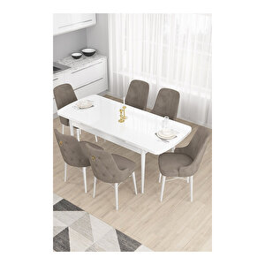 Taç Serisi, Beyaz Mutfak Masa Takımı 80x132 Açılabilir, 6 Sandalye Gold Halkalı Cappucino