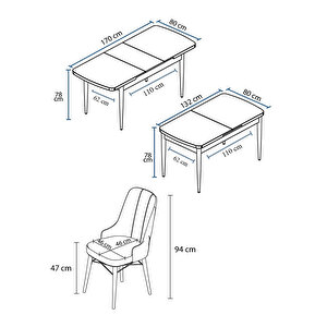 Taç Serisi, Beyaz Mutfak Masa Takımı 80x132 Açılabilir, 6 Sandalye Gold Halkalı