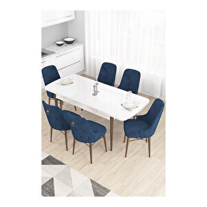 Taç Serisi, 80x132 Açılabilir Beyaz Masa Ceviz Ayak Mutfak Masası Takımı, 6 Sandalye Gold Halkalı