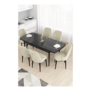Taç Serisi, 80x132 Açılabilir Siyah Mermer Desen Masa Takımı, 4 Sandalye Gold Halkalı Ve 1 Bench Krem