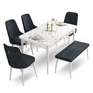 Taç Serisi, 80x132 Açılabilir Beyaz Mermer Desen Masa Takımı, 4 Sandalye Gold Halkalı Ve 1 Bench Antrasit