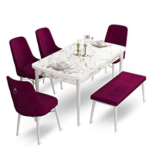 Taç Serisi, 80x132 Açılabilir Beyaz Mermer Desen Masa Takımı, 4 Sandalye Gold Halkalı Ve 1 Bench Mürdüm