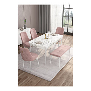 Taç Serisi, 80x132 Açılabilir Beyaz Mermer Desen Masa Takımı, 4 Sandalye Gold Halkalı Ve 1 Bench Pembe
