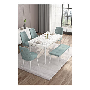 Taç Serisi, 80x132 Açılabilir Beyaz Mermer Desen Masa Takımı, 4 Sandalye Gold Halkalı Ve 1 Bench Su Yeşili