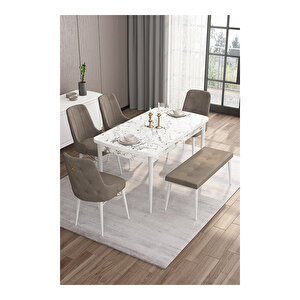 Taç Serisi, 80x132 Açılabilir Beyaz Mermer Desen Masa Takımı, 4 Sandalye Gold Halkalı Ve 1 Bench Cappucino