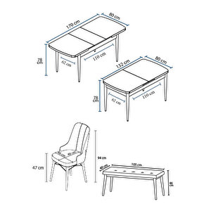 Taç Serisi, 80x132 Açılabilir Beyaz Mermer Desen Masa Takımı, 4 Sandalye Gold Halkalı Ve 1 Bench