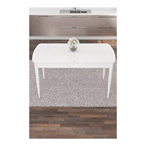 Taç Serisi, Beyaz Mutfak Masa Takımı 80x132 Açılabilir, 4 Sandalye Gold Halkalı 1 Bench Antrasit
