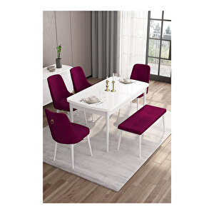 Taç Serisi, Beyaz Mutfak Masa Takımı 80x132 Açılabilir, 4 Sandalye Gold Halkalı 1 Bench Mürdüm
