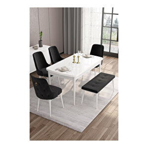 Taç Serisi, Beyaz Mutfak Masa Takımı 80x132 Açılabilir, 4 Sandalye Gold Halkalı 1 Bench Siyah