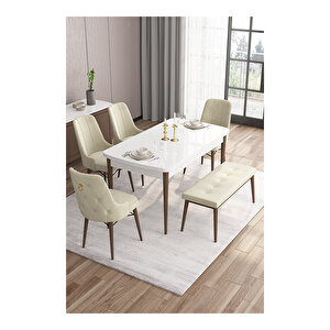 Taç Serisi, 80x132 Açılabilir Beyaz Masa Ceviz Ayak Mutfak Masası Takımı, 4 Sandalye Gold Halkalı 1 Bench Krem