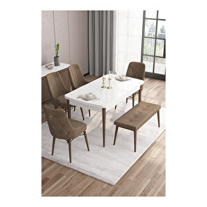 Taç Serisi, 80x132 Açılabilir Beyaz Masa Ceviz Ayak Mutfak Masası Takımı, 4 Sandalye Gold Halkalı 1 Bench Kahverengi