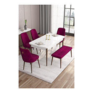 Taç Serisi, 80x132 Açılabilir Beyaz Masa Ceviz Ayak Mutfak Masası Takımı, 4 Sandalye Gold Halkalı 1 Bench Mürdüm
