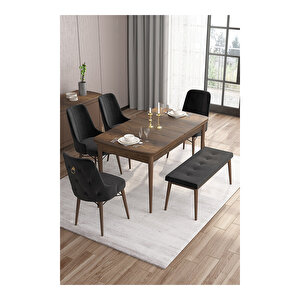 Taç Serisi, 80x132 Açılabilir Barok Ahşap Desen Mutfak Masası Takımı, 4 Sandalye Gold Halkalı 1 Bench Siyah