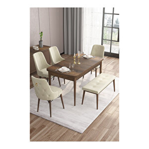 Taç Serisi, 80x132 Açılabilir Barok Ahşap Desen Mutfak Masası Takımı, 4 Sandalye Gold Halkalı 1 Bench Krem