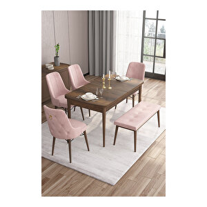 Taç Serisi, 80x132 Açılabilir Barok Ahşap Desen Mutfak Masası Takımı, 4 Sandalye Gold Halkalı 1 Bench Pembe