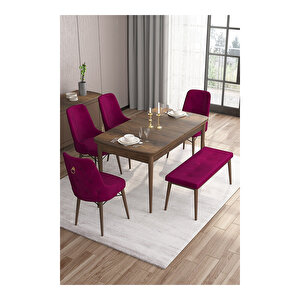 Taç Serisi, 80x132 Açılabilir Barok Ahşap Desen Mutfak Masası Takımı, 4 Sandalye Gold Halkalı 1 Bench Mürdüm