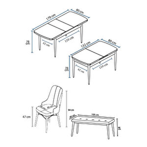 Taç Serisi, 80x132 Açılabilir Barok Ahşap Desen Mutfak Masası Takımı, 4 Sandalye Gold Halkalı 1 Bench
