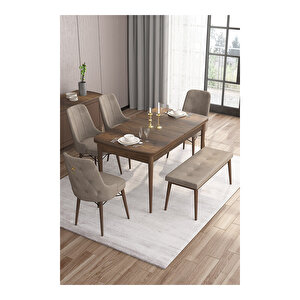 Taç Serisi, 80x132 Açılabilir Barok Ahşap Desen Mutfak Masası Takımı, 4 Sandalye Gold Halkalı 1 Bench Cappucino