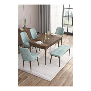 Taç Serisi, 80x132 Açılabilir Barok Ahşap Desen Mutfak Masası Takımı, 4 Sandalye Gold Halkalı 1 Bench Su Yeşili