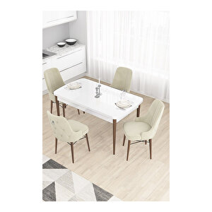Taç Serisi, 80x132 Açılabilir Beyaz Masa Ceviz Ayak Mutfak Masası Takımı, 4 Sandalye Gümüş Halkalı Krem