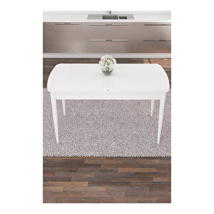 Taç Serisi, Beyaz Mutfak Masa Takımı 80x132 Açılabilir, 6 Sandalye Gümüş Halkalı Gri