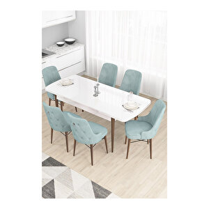 Taç Serisi, 80x132 Açılabilir Beyaz Masa Ceviz Ayak Mutfak Masası Takımı, 6 Sandalye Gümüş Halkalı Su Yeşili
